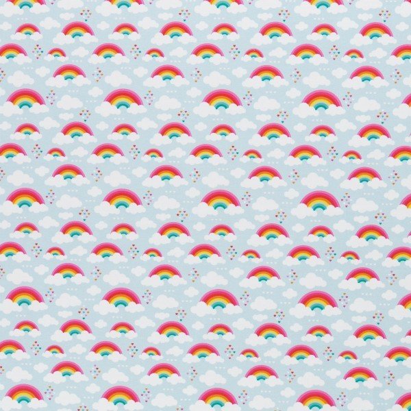 Baumwolle-Webware - Regenbogen Wolken Herzchen hellblau