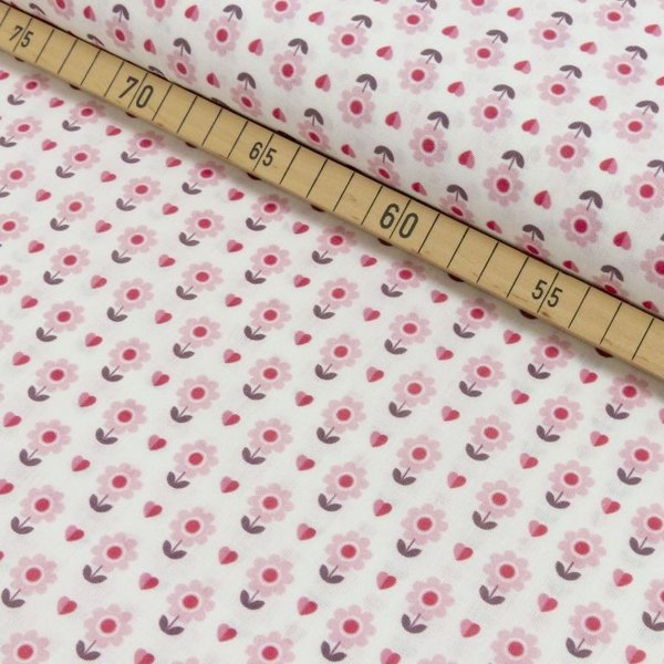 Baumwolle-Webware - Blüemli Herzli pink auf weiss