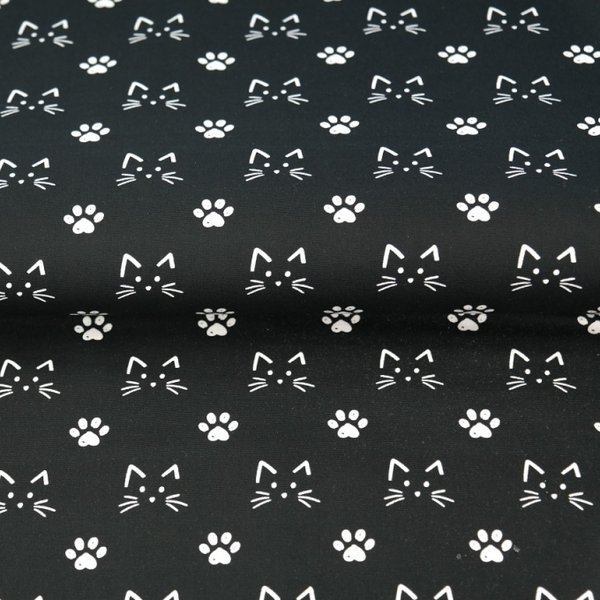 Baumwolle-Webware - Katzen Pfoten weiss auf schwarz