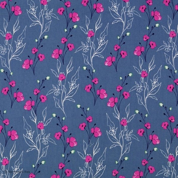 Baumwolle-Webware - Blumen klein pink auf blau